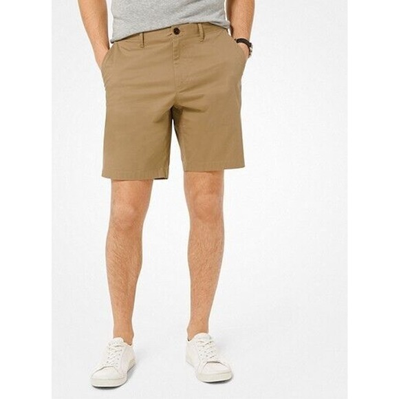 NWT‎ MICHAEL KORS Stretch Flat Front Poplin Slim Casual Shorts Khaki Size 40 - Picture 1 of 11